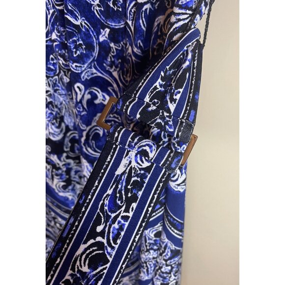 White House Black Market Blue/Black Floral Keyhole Neck Belted Dress Size XXS - Picture 8 of 11